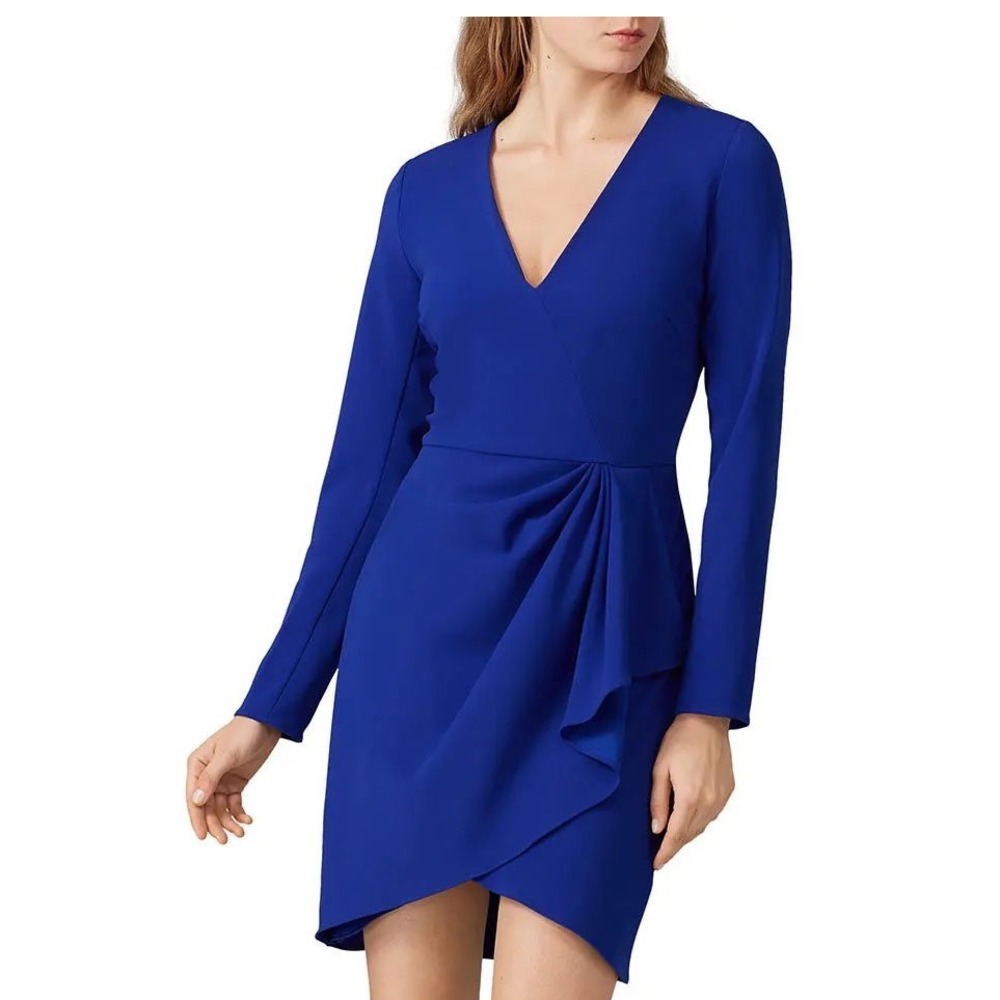 Shoshanna Lior Dress Womens 8 Cosmic Blue Ruched Wrap VNeck Long Sleeve Cocktail